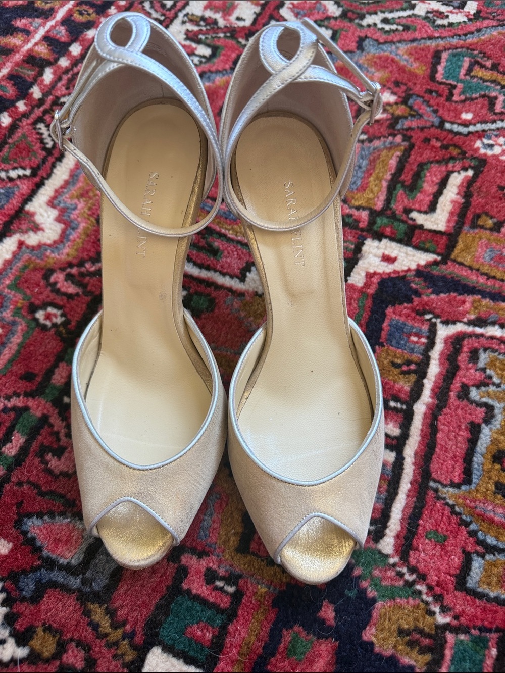 Sarah Flint Metallic Gold Peep-Toe with Silver Ankle-Strap Heels